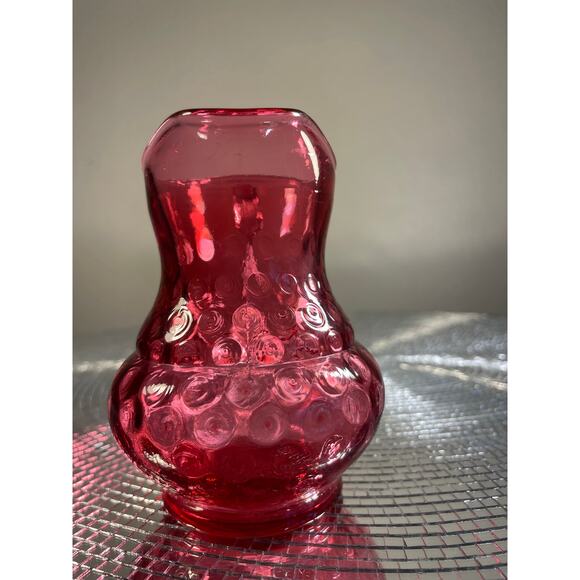 Vintage Cranberry Glass Coin Dot Thumbprint Pitcher W/ Clear Ribbed Bud Vase - Picture 8 of 13